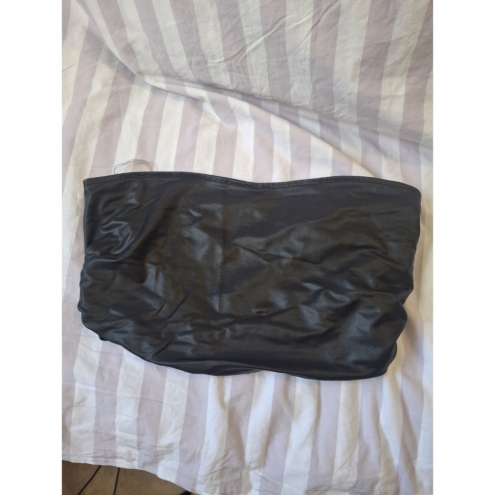 Miss Selfie Black Faux Leather Ruched Tube Top Strapless Zip Back Size S